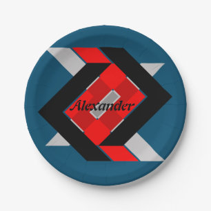 Prato De Papel Geométrico azul cinza vermelho preto personalizado