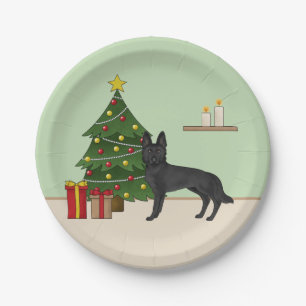 Prato De Papel German shepherd Preto E Árvore De Natal Festiva