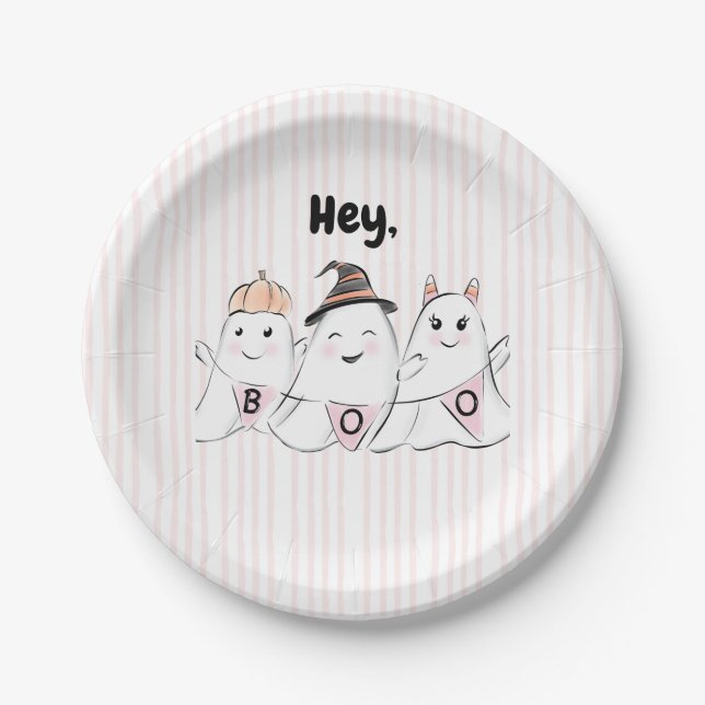 Prato De Papel Ghost Boos no Halloween, rosa-claro (Frente)