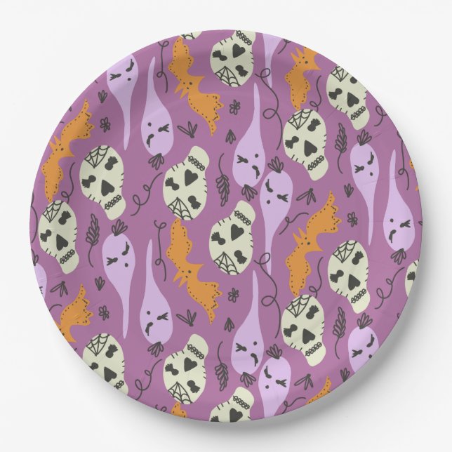 Prato De Papel Ghost Ghost Cull Bat Halloween Doodles Purple (Frente)