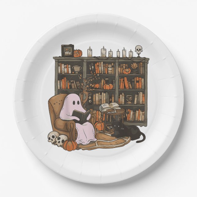Prato De Papel Ghost Reading Book Cat lover Halloween (Frente)