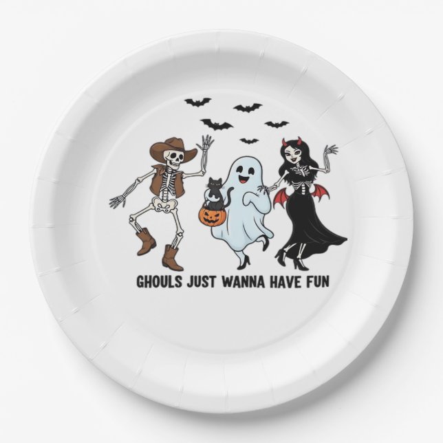 Prato De Papel Ghouls Só Quer Divertir-Se - Dançando O Esqueleto (Frente)