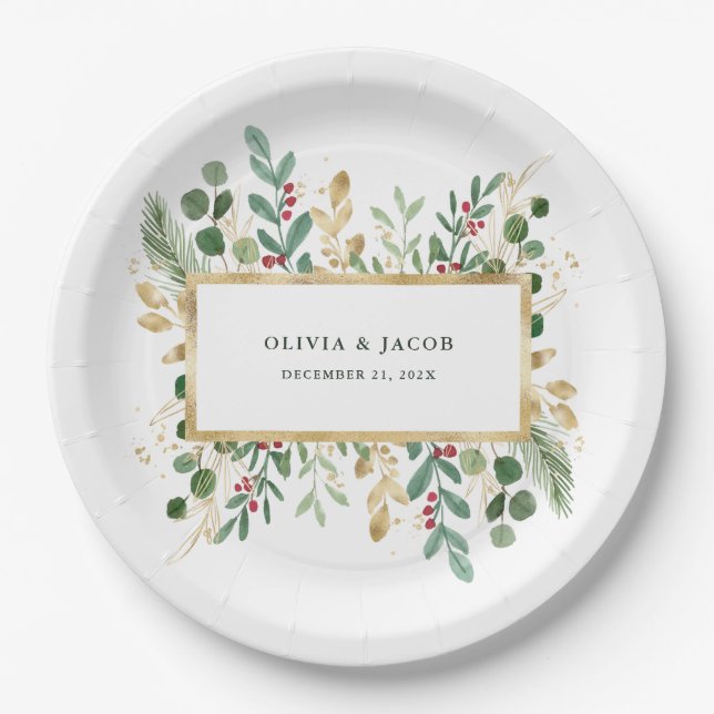 Prato De Papel Gilded Greenery White | Férias de Natal (Frente)