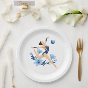 Prato De Papel Ginasta Rítmica Elegante com Flores Azuis 