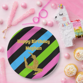 Prato De Papel Ginástica Dourada com faixas coloridas Aniversário