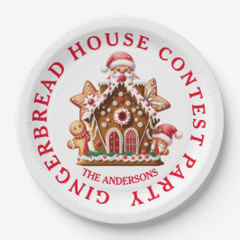 Prato De Papel Gingerbird House Partido Branco e Vermelho