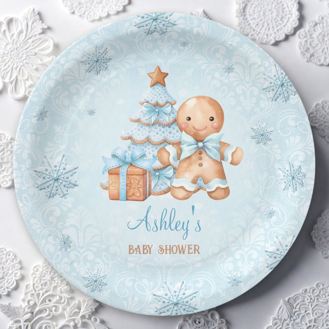 Prato De Papel Gingerbird Man Boy Blue Chá de fraldas de Natal (Gingerbread Man Boy Blue Christmas Baby Shower Paper Plates)