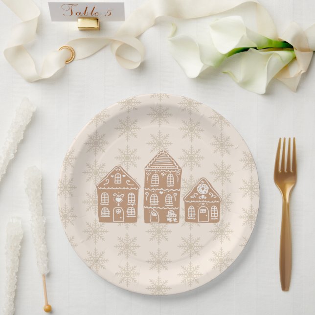 Prato De Papel Gingerbread House Illustration Snowflake Pattern (Casamento)