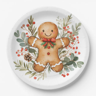 Prato De Papel Gingerbread Man Greenery Christmas Paper Plate