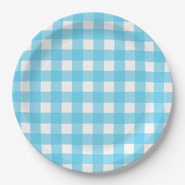 Prato De Papel Gingham azul-ceruliano brilhante (Frente)