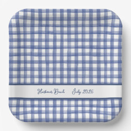 Prato De Papel Gingham Azul Náutico de Verão, Xadrez 4 de Julho