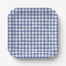 Prato De Papel Gingham Azul Náutico de Verão, Xadrez 4 de Julho