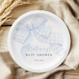 Prato De Papel Gingham Blue Bow Baby Shower Paper Plates