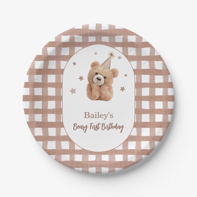 Prato De Papel Gingham de Primeiro Aniversário do Beary (Frente)