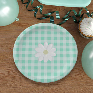 Prato De Papel Gingham Green Gingham Check Daisy Paper Plates