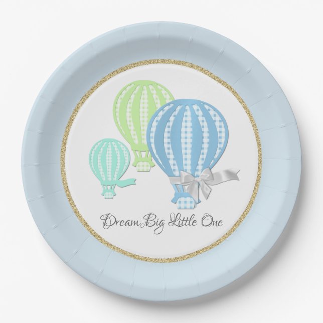 Prato De Papel Gingham Hot Air Balloon Baby Blue (Frente)