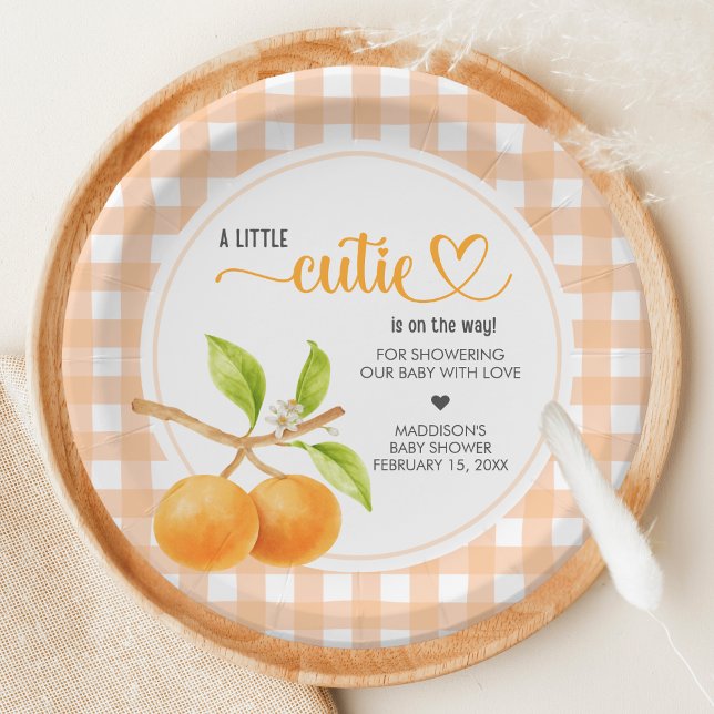 Prato De Papel Gingham Orange Baby Shower (Little Cutie Orange Baby Shower Paper Plate)