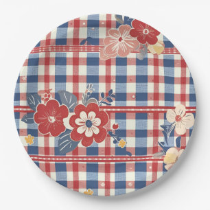 Prato De Papel Gingham Patriótico com Acentos Florais Vermelho