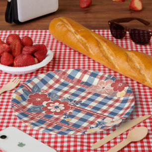 Prato De Papel Gingham Patriótico com Acentos Florais Vermelho