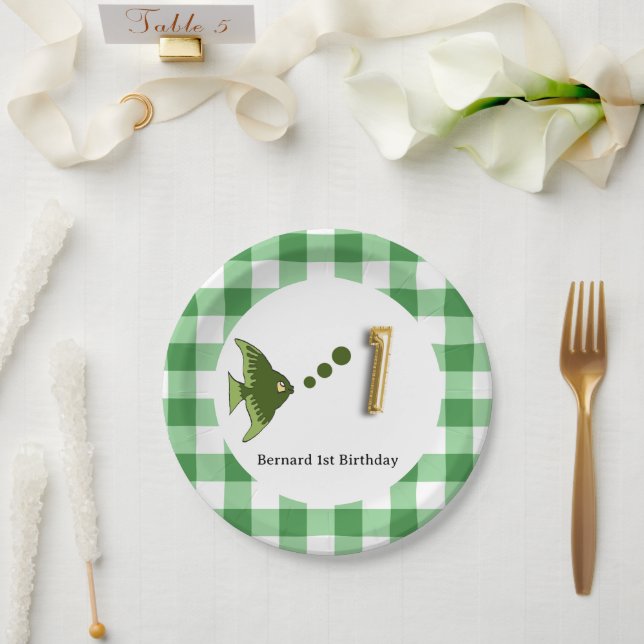 Prato De Papel Gingham, Peixe Verde & Balão Aniversário de 1 ano (Casamento)