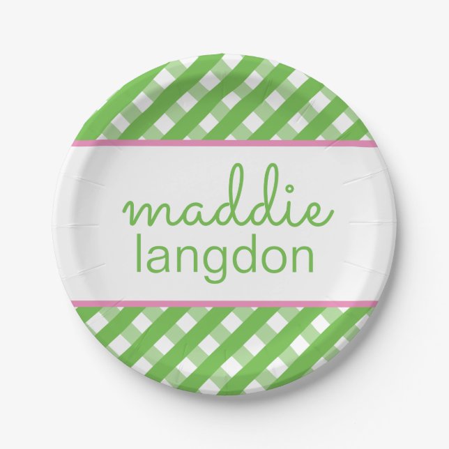 Prato De Papel Gingham Personalizado Placas do Partido Cute (Frente)