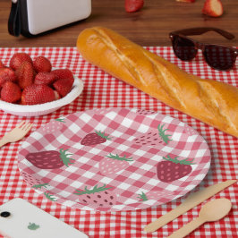 Prato De Papel Gingham Pink & Red Strawberry Berry
