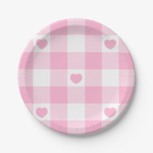Prato De Papel Gingham Rosa Bonito Vichy Com Corações