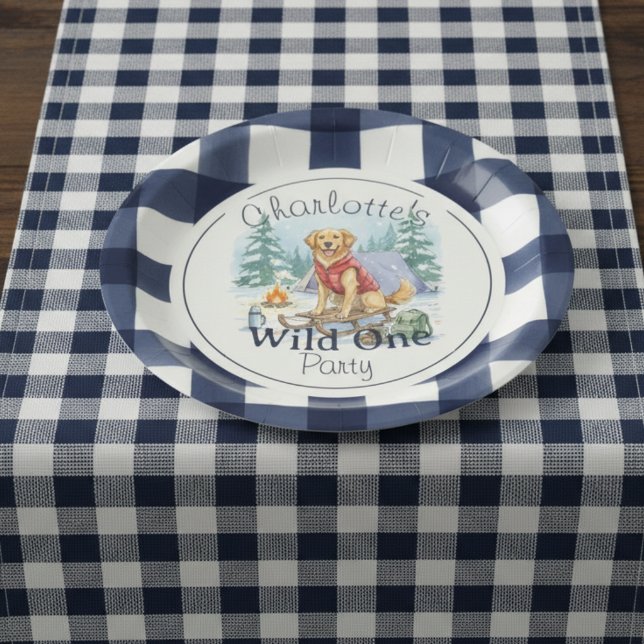 Prato De Papel Gingham Wild One Ouro Retriever primeiro aniversar (Celebrate your wild one’s special day with this Gingham Wild One Golden Retriever 1st Birthday!)