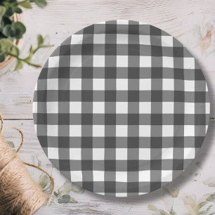 Prato De Papel Gingham Xadrez Preta e Branco