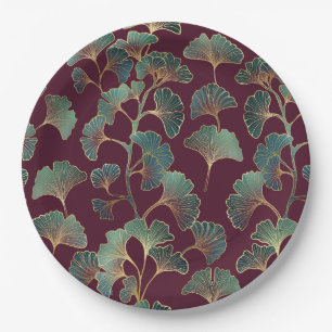 Prato De Papel Ginkgo Teal Refined com Acentos Dourados