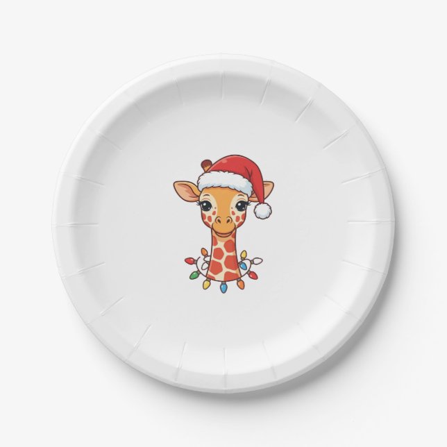 Prato De Papel Girafa de Natal com Chapéu de Papai Noel e Luzes C (Frente)