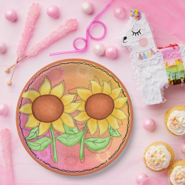 Prato De Papel Girassóis Amarelos Textos Verdes Cor-de-Rosa (Festa)