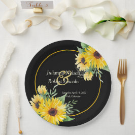 Prato De Papel Girassóis em aquarela em casamento preto  