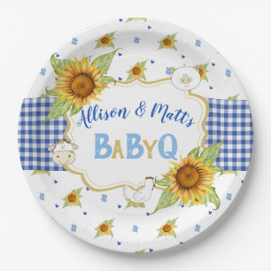 Prato De Papel Girassol Country Azul Xadrez Baby Q Churrasco