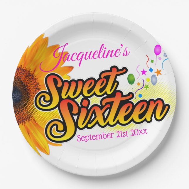 Prato De Papel Girassol e balões em branco 16 (Frente)