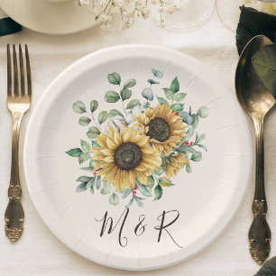 Prato De Papel Girassol Sunflower Monogramado Aquarela Vintage Rú