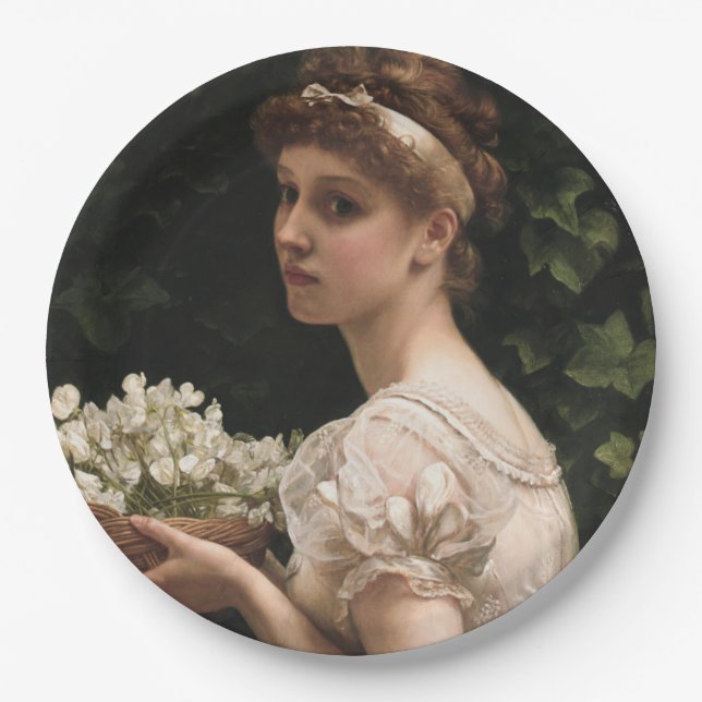 Prato De Papel Girl With Pea Blossoms (por Edward Poynter) (Frente)