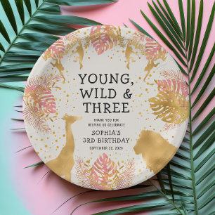 Prato De Papel Girls aniversário de 3 anos Pink Dourado Ecru Safa