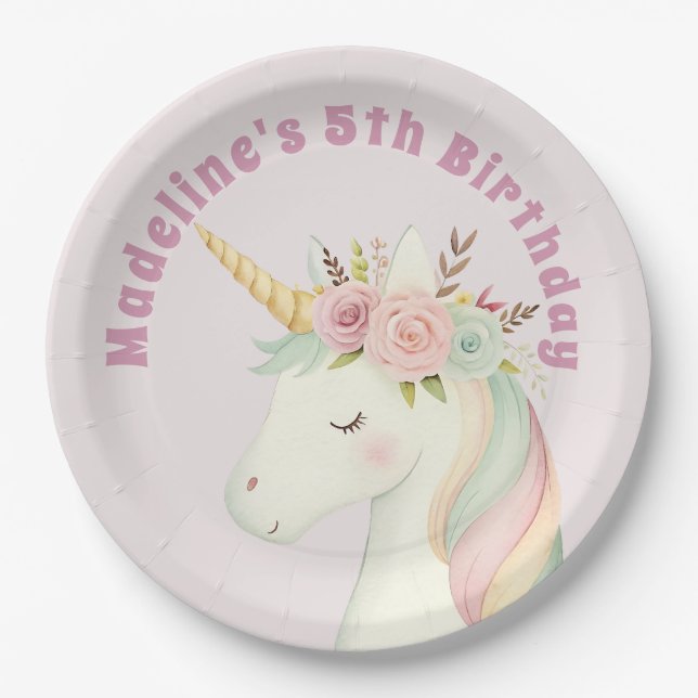 Prato De Papel Girls Cute Pink Unicorn Birthday (Frente)