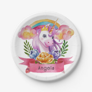 Prato De Papel Girls Cute Purple Unicorn Rainbow Nome Personaliza