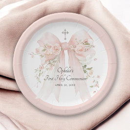 Prato De Papel Girl's First Communion Pink Bow Floral