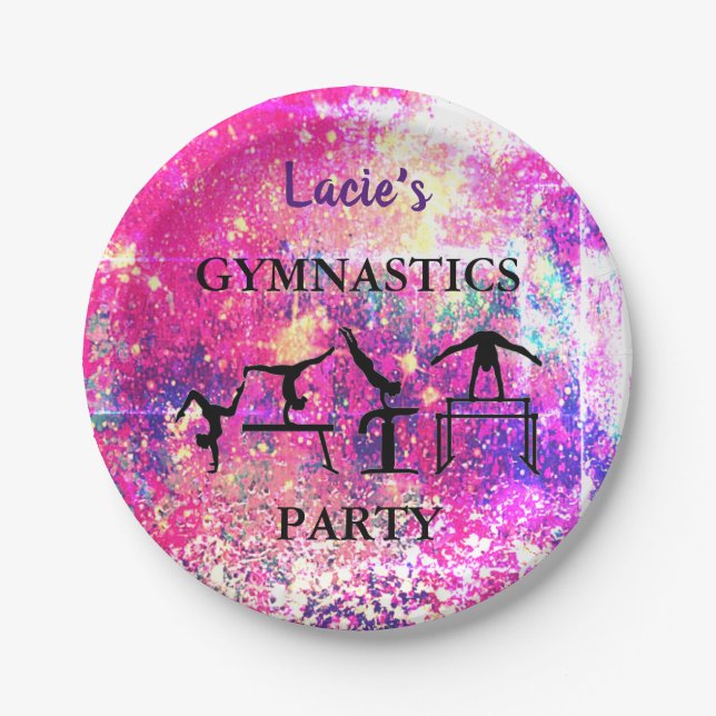 Prato De Papel Girls Gymnastics Birthday Sparkle Nome Personaliza (Frente)