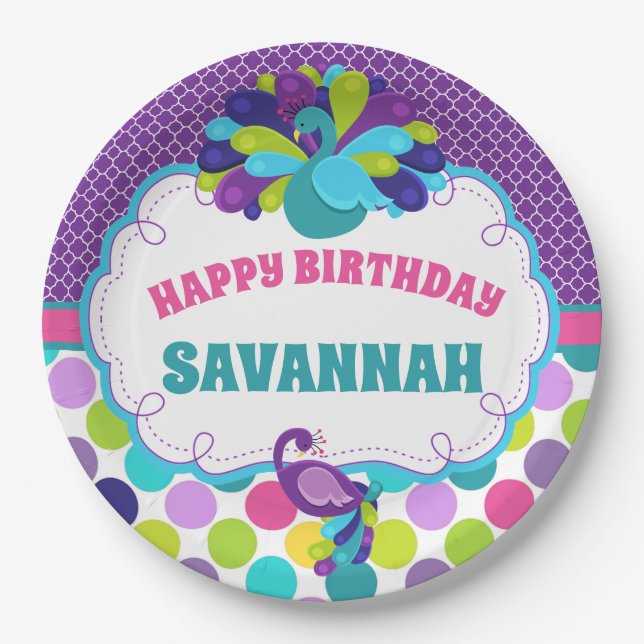 Prato De Papel Girls Peacock Happy Birthday Party Personalizado (Frente)