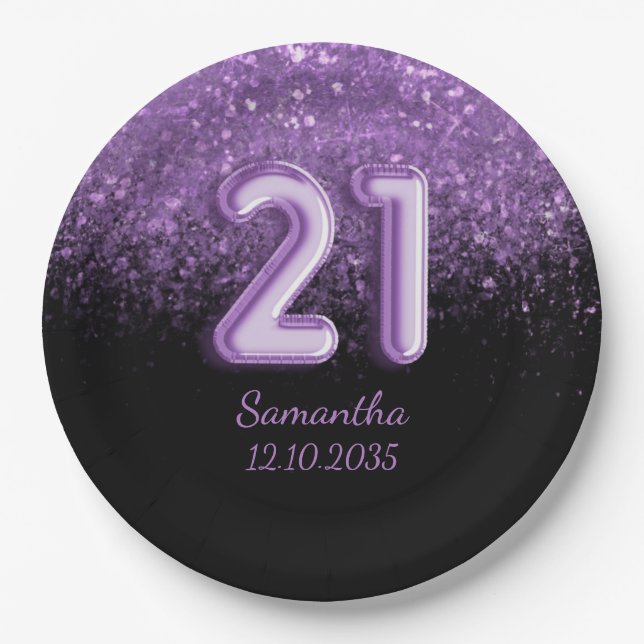 Prato De Papel Girly Black & Purple Glitter Sparkle 21 Aniversári (Frente)