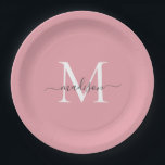 Prato De Papel Girly Blush Pink Cinza Monograma Elegante Nome do<br><div class="desc">Simples Cinza Cor-de-rosa Blush Monograma Nome de Script Feminina Placa de Papel</div>