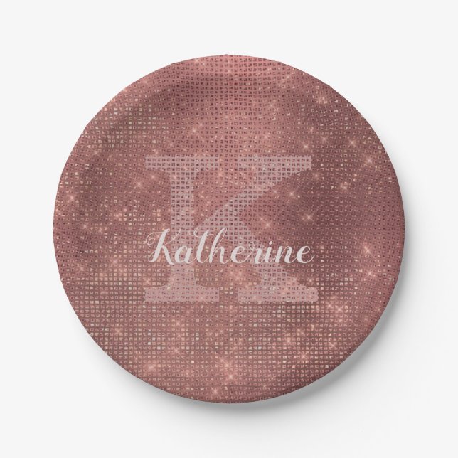 Prato De Papel Girly Copper Diamond Sparkle Glam Monographic Nome (Frente)