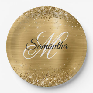 Prato De Papel Girly Faux Dourado Glittery Foil Monograma