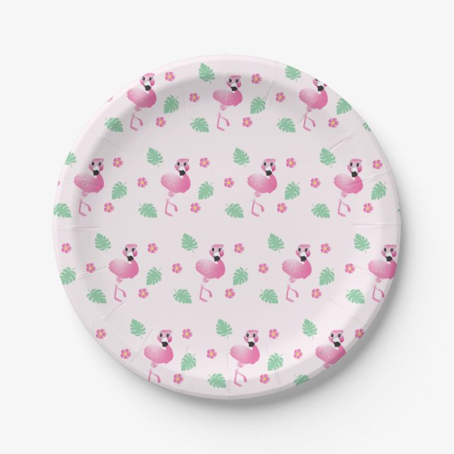 Prato De Papel Girly Flamingo Tropical Flowers Folha Rosa (Frente)