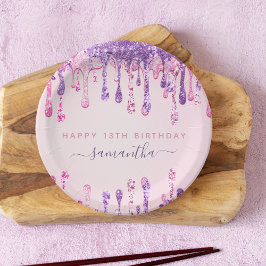 Prato De Papel Girly Glam Pink Roxo Glitter 13 Birthday