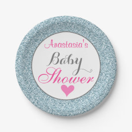 Prato De Papel Girly Glam Rosa Céu Azul Claro Brilho Baby Shower